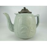 Staffordshire c.1880 Salt Glaze oversized teapot in turquoise with Pewter Lid. Moulded with flora