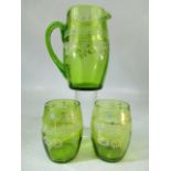 Victorian Green glass hand painted jug and two glasses
