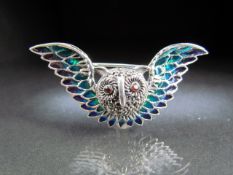 Silver and Plique-A-Jour owl shaped brooch