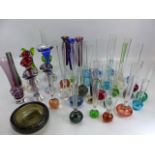 Large selection of glass bud vases to include Whitefriars and other brands