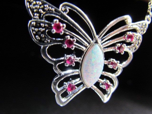 Silver Butterfly necklace set with opal and rubies - Image 2 of 4