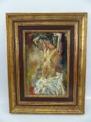 Nude oil painting on board by french artist, M Charco. Signed in red to lower left.