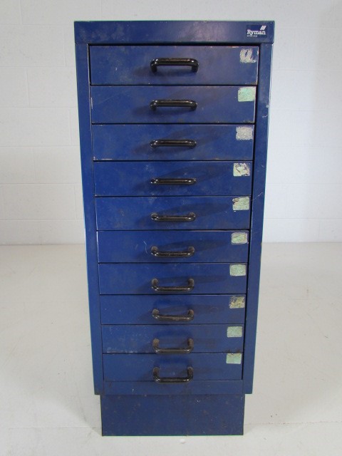 Metal filing cabinet in blue