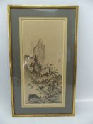 Chinese Ink and watercolour drawing depicting a mountainous. Signed with a red seal stamp.