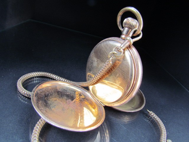Gold plated pocket watch by Thos Russell & Son Liverpool. With plated Albert - Image 3 of 5