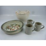 Studio Pottery to include a marked flat bowl decorated with flowers, lattice style handled vase, and