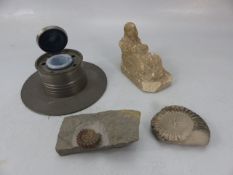 19th Century freestanding pewter inkwell, along with two Ammonite fossils and a sandstone man