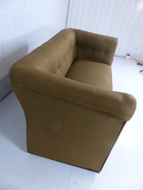 Small antique upholstered two seater sofa on castors - Image 4 of 5