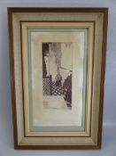 Etching Depicting a nude lady in a doorway with abstract scenery. Titled 'Doves' No. 5/40 Signed