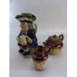 Antique Toby jug with cap lid along with Two Royal Doulton Lambeth pieces (Teapot and Jug)