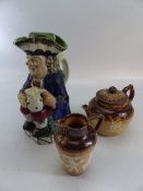 Antique Toby jug with cap lid along with Two Royal Doulton Lambeth pieces (Teapot and Jug)