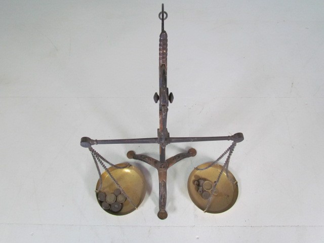 Antique wrought iron and brass weighing scales - Image 2 of 5