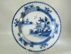 Late 18th Century Antique blue and white plate decorated with Pagoda scenes
