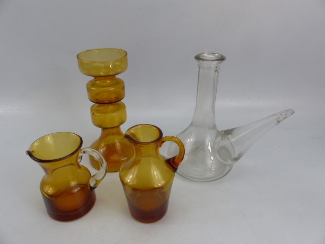 Wedgwood style Ronald Stennett Wilson candle holder in amber and two other pieces of amber glass and