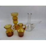 Wedgwood style Ronald Stennett Wilson candle holder in amber and two other pieces of amber glass and