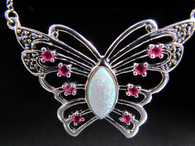 Silver Butterfly necklace set with opal and rubies - Image 4 of 4