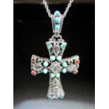 Silver Crucifix on chain set with turquoise and other coloured stones