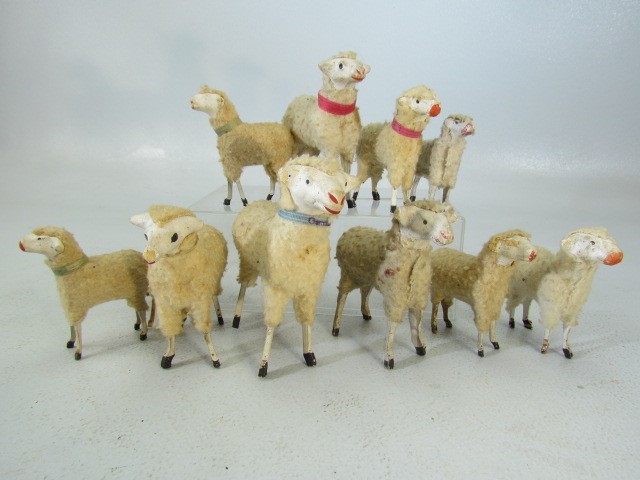 Antique Erzgebirge Toy sheep with wooden legs and woollen bodies
