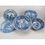 Selection of 19th Century and earlier blue and white pearlware bowls, plates and small platter.
