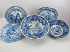 Selection of 19th Century and earlier blue and white pearlware bowls, plates and small platter.