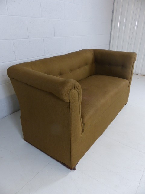Small antique upholstered two seater sofa on castors - Image 3 of 5