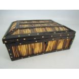 Antique porcupine quill trinket box inlaid with bone. To the underside of lid inlaid panel depicting