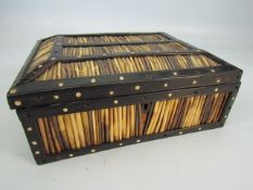 Antique porcupine quill trinket box inlaid with bone. To the underside of lid inlaid panel depicting