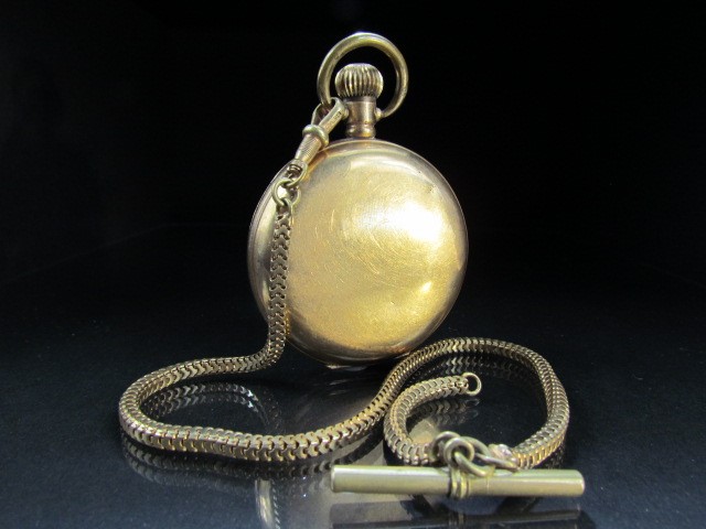 Gold plated pocket watch by Thos Russell & Son Liverpool. With plated Albert - Image 5 of 5