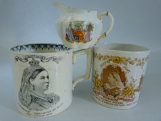 Antique commemorative cups to include Victoria Regina 'Manufactured for William Whiteley London by