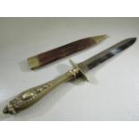 Militaria: Victorian ornate white metal handled knife/ dagger in leather and white metal scabbard