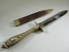 Militaria: Victorian ornate white metal handled knife/ dagger in leather and white metal scabbard