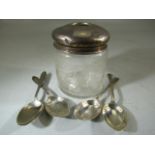 Hallmarked silver topped cotton jar, along with four hallmarked silver teaspoons. Total silver