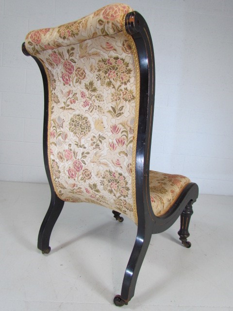 Antique ebonised nursing chair with floral upholstery - Image 5 of 5