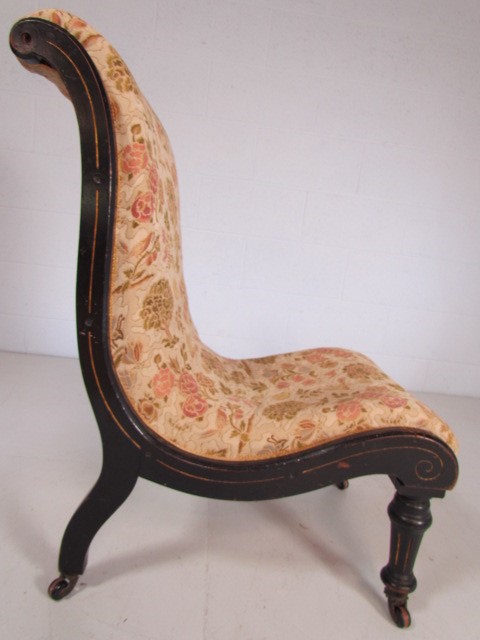 Antique ebonised nursing chair with floral upholstery - Image 4 of 5