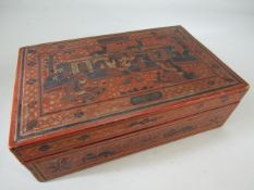 Middle eastern lacquered box depicting Mughal scene and handwritten line to base.