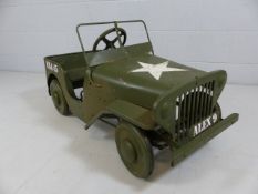 An old Tri-ang tin plate pedal car, in the form of an American Willys jeep. 1950's.
