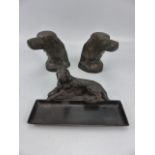 English Pointer Dogs head bookends, along with a Bronze recumbent pointer pen tray. All unmarked