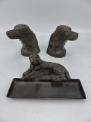 English Pointer Dogs head bookends, along with a Bronze recumbent pointer pen tray. All unmarked