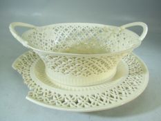 Leedsware classical creamware 18th Century pierced work bowl and plate.