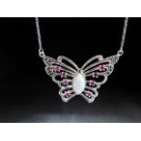 Silver Butterfly necklace set with opal and rubies