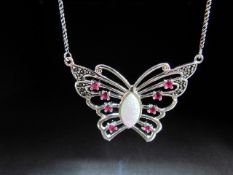 Silver Butterfly necklace set with opal and rubies