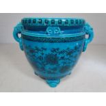 Oriental Blue large Jardiniere with Carp fish head handles holding loops. The outer bowl decorated