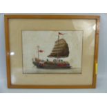 Unusual handpainted picture on parchment of a Junk Ship
