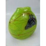 Siddy Langley Art glass Vase of moonflask shape. Uranium coloured with reds and a mottled leaf