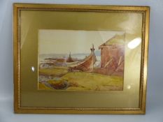 Watercolour of a seaside scene depicting a boat on the beach.