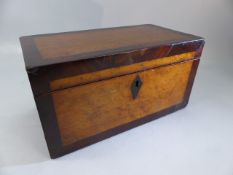 Antique burr maple and mahogany tea chest with triple compartments, two removable and ebony