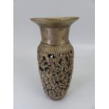 SCM Oriental metal vase with pierced work design to the body depicting many faces climbing trees.