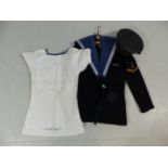 Sailors Military uniform with White front and trousers and hat.