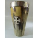 Horn hunting cup with Silver hallmarked collar & silver cross maker HA (AF)