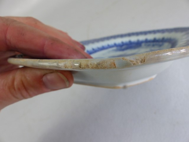 Oriental Blue and White miniature platter. Decorated with scenes of Pagoda's and men fishing. - Image 6 of 9